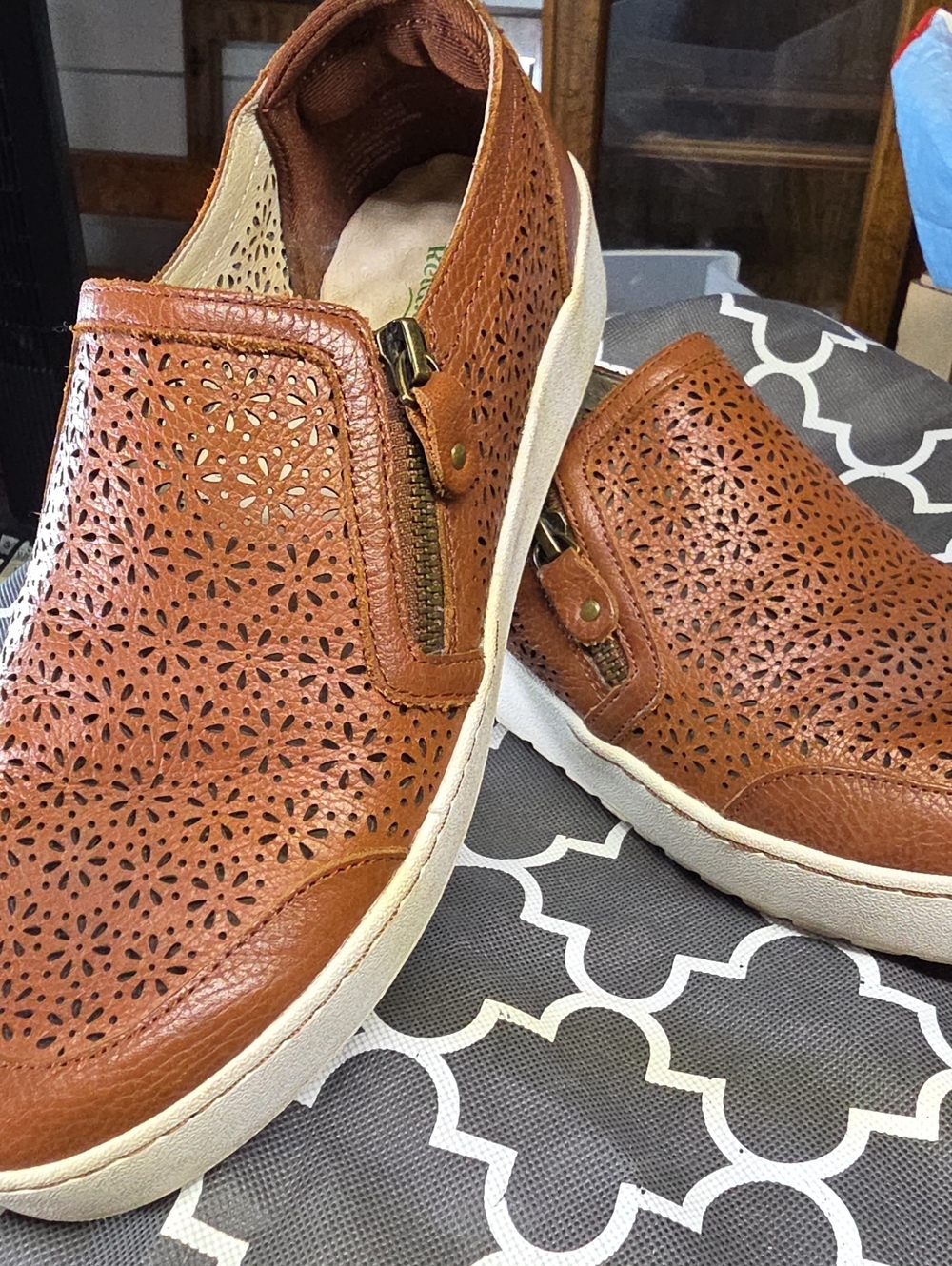 Jambu Women’s Perforated Brown Leather Slip-On Loafers with Side Zipper